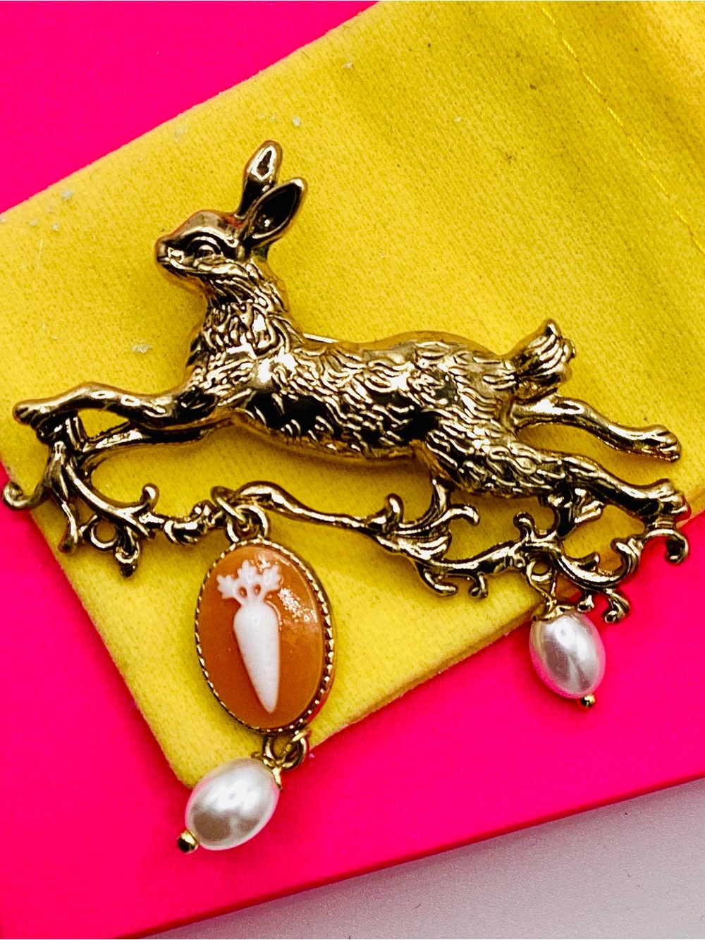 Boutique Gold Rabbit Brooch with Orange Cameo and Pearl Drops